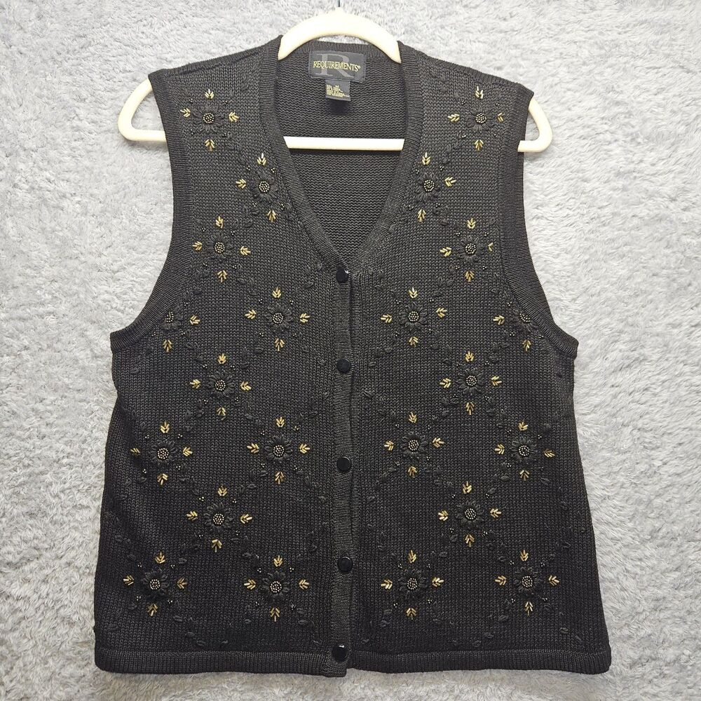 Vintage Requirements Womens Black Beaded Vest Medium Embroidered Cotton Knit